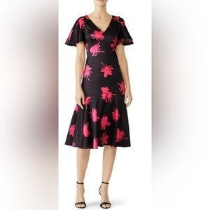 Prabal Gurung Floral Midi Dress. Ruffled short sleeve & hem. Black and pink. 12